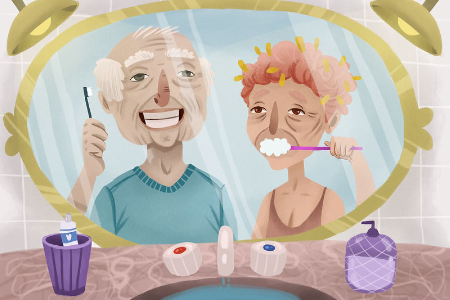 Cartoon of an elderly couple brushing their teeth in the mirror.