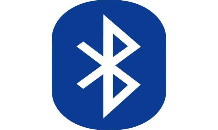 Bluetooth technology logo of a blue background and two white vertical triangles with tails in the front