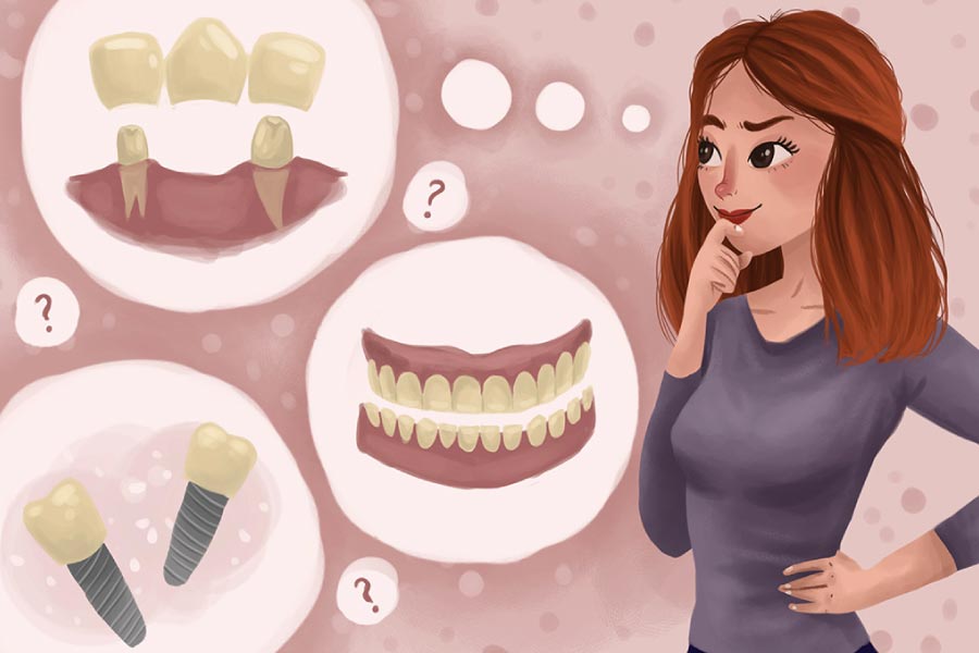Cartoon of a woman thinking about dentures, bridges and implants